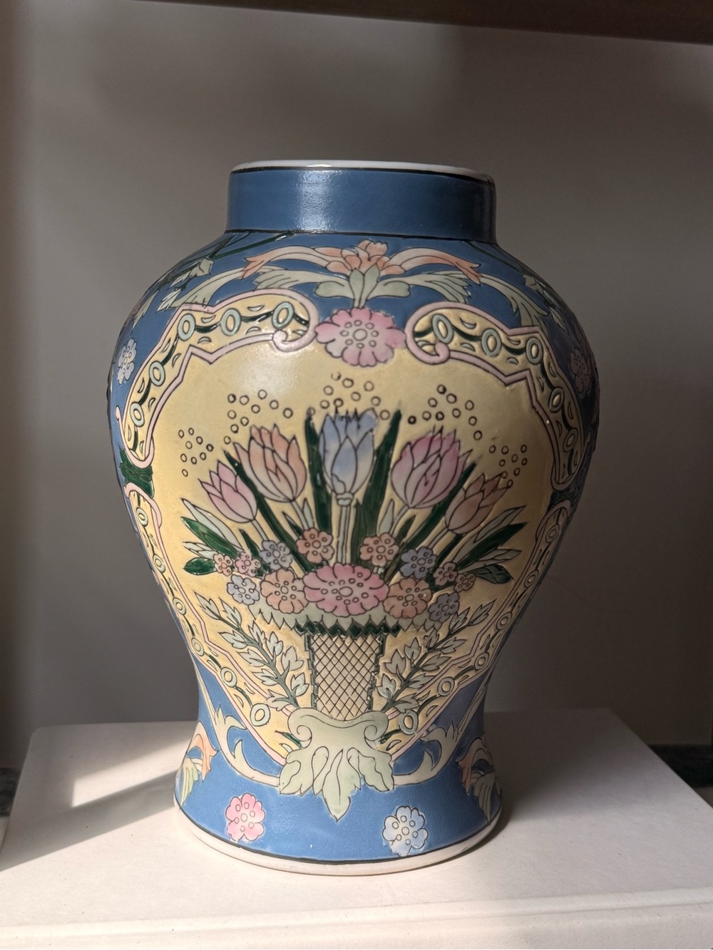 Hand-Painted Floral Ceramic Vase in Blue and Cream